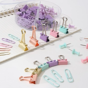 Pastel color binder clips and paper clips stationery set in transparent organizer case
