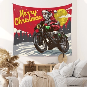 Detail showing a Christmas Santa Claus tapestry on a minimalist bedroom wall