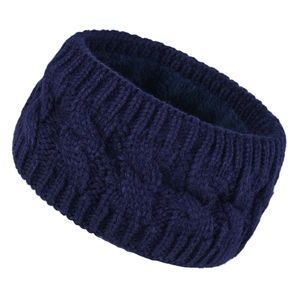 Close-up of navy blue cable knit winter headband with thick thermal fleece lining