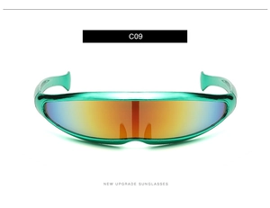 Close-up of futuristic green polarized sunglasses with colorful gradient lenses and sleek frame