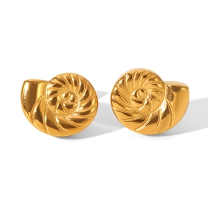 Golden stainless steel nautilus shell earrings with textured spiral design on white background