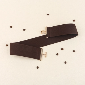 Detail of dark coffee elastic belt with light gold metal hook buckle on sand surface