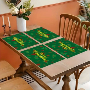 Juego de 4 manteles individuales de Navidad verdes de lino con texto Merry Christmas y flores