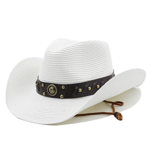 White cowboy straw hat with brown leather band, metallic horse bit and adjustable chin cord