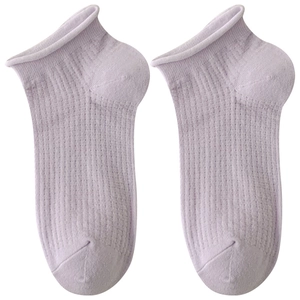 Light purple low-cut cotton socks with mesh knit and rolled edges on white background