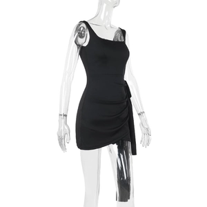 Side view of black slim fit sleeveless square neck dress with elegant pleated details