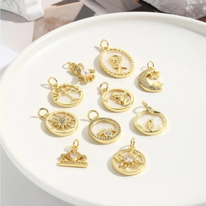 Copper Gold Plated Pendant For Women Rhinestone Artificial Pearl Shell Tree Of Life Angel Evil Eye Crown Star Moon DIY Jewelry Making Pendant