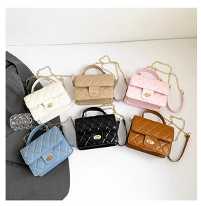 Quilted crossbody square bags shown in white, beige, pink, blue, black, and brown colors