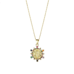 Golden stainless steel necklace with Virgin Mary pendant and colorful zirconia stones