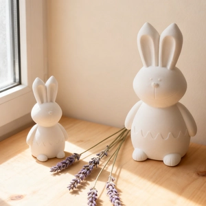 Set di sculture di conigli bianchi minimalisti su davanzale in legno con luce naturale