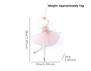 Detail view of 20cm ballet mouse ornament with pink tutu and gold crown dimensions
