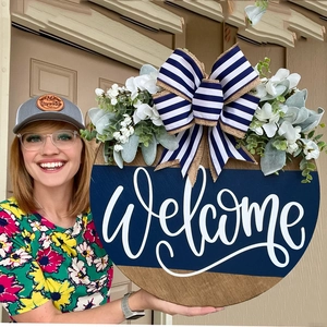 Wooden Welcome Sign Door Hanger With Artificial Flowers Eucalyptus And Striped Bow Modern Farmhouse Hanging Home Decor