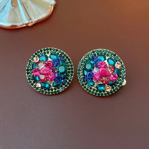 Vintage style round earrings with colorful rhinestones and emerald green crystals