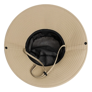 Khaki wide brim sun hat for camping with breathable mesh lining and adjustable chin strap