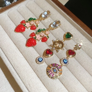 Vintage style asymmetric silver needle heart earrings with zircon and colorful enamel charms