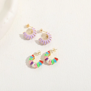 Golden C-shaped hoop earrings with colorful and lavender enamel for women fashion