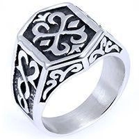 Vintage punk stainless steel ring for men featuring silver black floral relief pattern