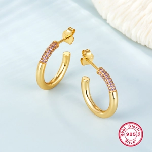 Elegant gold S925 sterling silver C-shaped hoop earrings with inlaid purple zircon stones