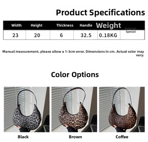 Detailed size parameters and color options for the leopard print crescent hobo bag