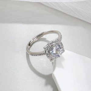 Elegant silver engagement ring with one carat round spinel gemstone and pavé accents