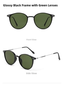 Polished black round sunglasses with silver metal temples and dark green polarized lenses