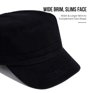 Classic black washed cotton cadet cap with a flat top and reinforced stitched brim design