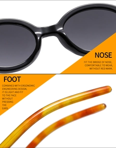 Detail of comfortable nose pads and ergonomic tortoise texture temples of oval sunglasses