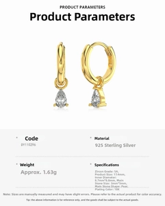 Detail showing 925 sterling silver gold-plated pear-shaped zircon drop earrings