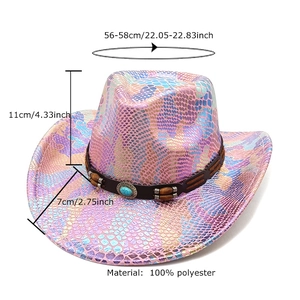 Pink iridescent snake pattern western cowboy hat with wide brim and turquoise bead band