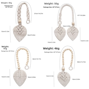 Detailed view of four bohemian cotton macrame leaf tiebacks with wooden beads