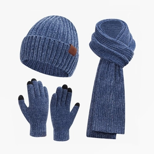 Winter 3-piece set with knit beanie scarf and touchscreen gloves in blue melange