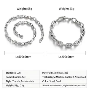Macro shot of stainless steel anchor link necklace and bracelet set with dimensions