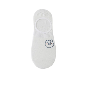 White low-cut invisible boat socks featuring a cute blue outline pig graphic design