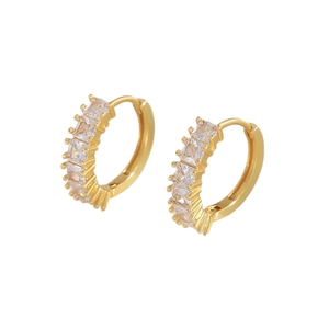 Gold plated huggie earrings with channel-set square cubic zirconia stones on white background