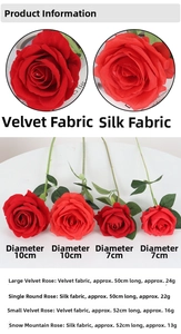 Detailed size chart and material comparison for red velvet and silk artificial roses