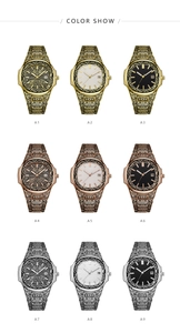 Collection of retro metal watches in gold, silver and rose gold finishes in a 3x3 color grid