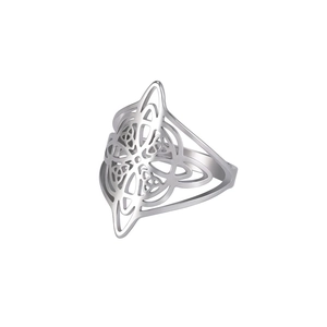 Silver stainless steel Celtic witch knot ring with hollow geometric patterns in main view