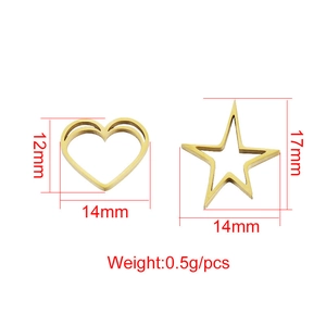 Golden mirror finish stainless steel hollow heart and star charms for DIY jewelry making