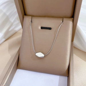 Macro shot of silver titanium steel necklace with irregular geometric bean pendant in a box