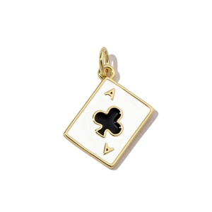 Detail of Ace of Clubs poker card pendant with white enamel and golden metal borders