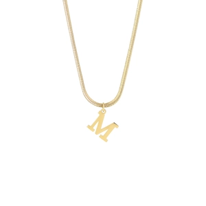 Close-up of golden snake chain necklace with a bold letter M pendant on white background