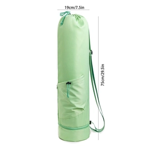 Green yoga mat carrier bag with drawstring and adjustable strap, 75cm height design