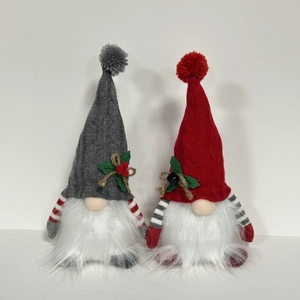 Close-up of knit Christmas gnomes with glowing LED lights and soft white faux fur beards