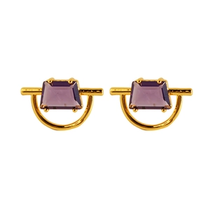 Modern gold-plated brass earrings with geometric purple zircon in a half-circle design