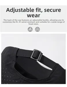 Detail of adjustable metal buckle and breathable laser-cut holes on black baseball cap
