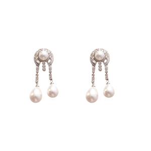 Elegant geometric drop earrings with round pearls and sparkling diamond-set accents