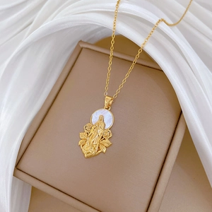 Luxurious gold titanium steel necklace with Virgin Mary cameo on shell pendant