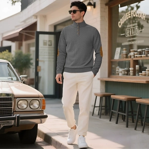 Men's grey long sleeve knit sweater with stand collar and brown elbow patches