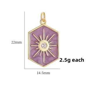 Detail of a vintage hexagonal sun pendant with purple enamel and 22mm x 14.5mm size
