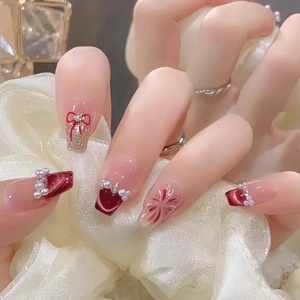 Faux Ongles À Presser Long Cercueil Oeil De Chat Rouge Vin Avec Künstliche Perles Noeuds Ongles Artificiels Pour Manucure DIY